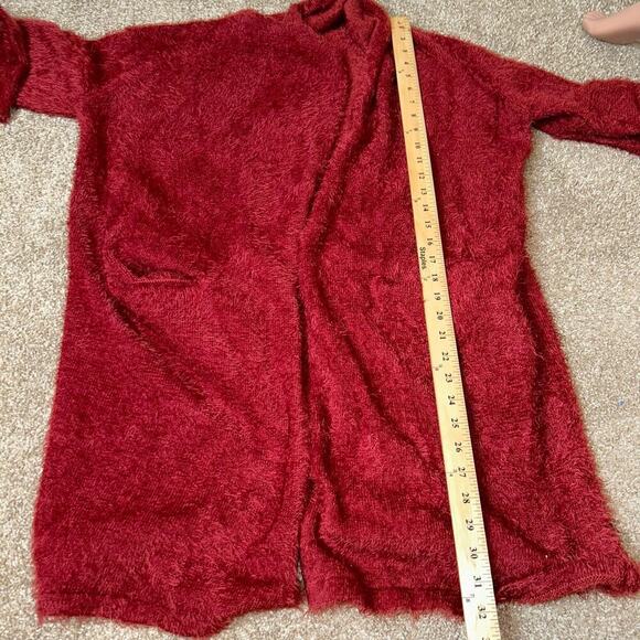 LUSH cardigan sweater burgundy eyelash front pockets long open front SZ LG - Picture 6 of 9